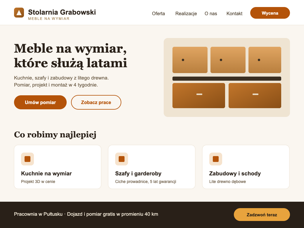 Przykładowa strona internetowa wykonana dla klienta — stolarnia, meble na wymiar